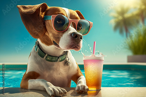 Funny dog relaxing near a swimming pool with a cocktail. Generative AI © lanych