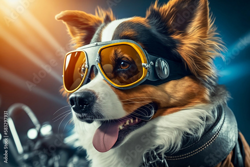 Cute funny dog wearing sunglasses, dog fashion, gradient background. Generative AI © lanych
