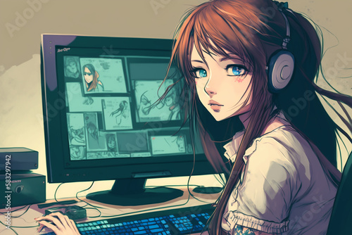 Anime designer girl working with computer. Generative AI