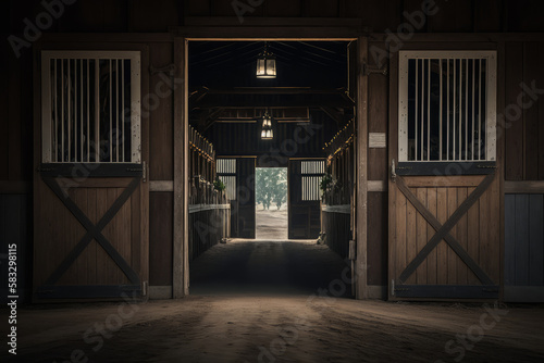 horse stable,stall for horses in wooden house Generative AI
