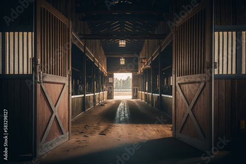 horse stable,stall for horses in wooden house Generative AI
