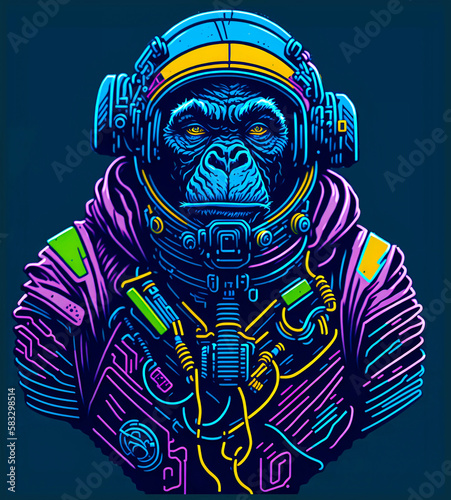 Ape in astronaut suit. Cyberpunk illustration