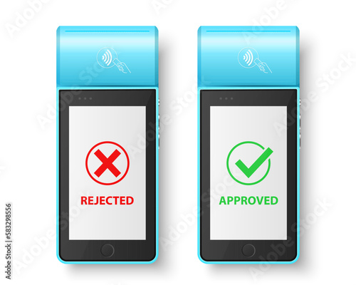 Vector 3d Blue NFC Payment Machine with Approved and Rejected Status Isolated. Wi-fi, Wireless Payment. POS Terminal, Machine Design Template of Bank Payment Contactless Terminal, Mockup. Top VIew