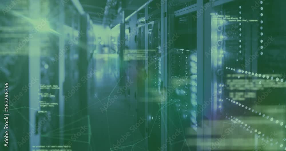 Animation of data processing over shapes and server room Animation of data processing over shapes and server room