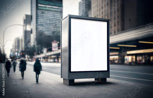 blank vertical street billboard stand with city background. urban advertising. generative AI