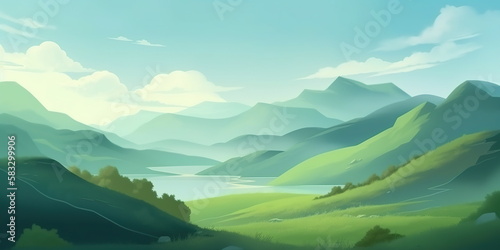 Green background illustration with mountains and fields