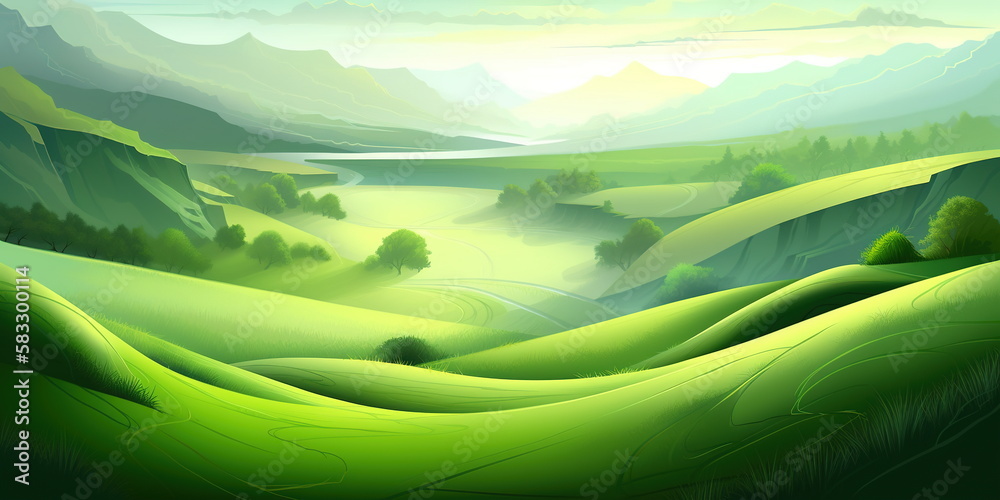 Obraz premium Green background illustration with mountains and fields