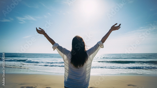 Rear view of a young woman with her arms raised on the beach. Generative AI