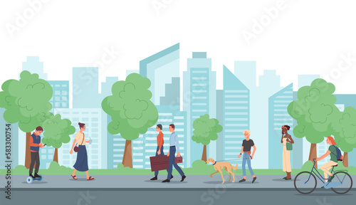 People going along city street. Men and women with suitcases and smartphones on background of urban architecture. City or town landscape, horizontal picture. Cartoon flat vector illustration