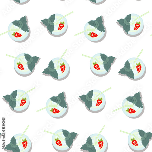 Seamless pattern of mojito cocktail with half a strawberry and mint leaves in glass with straw. EPS