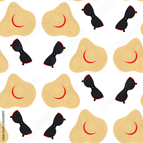 Endless pattern of beach wide brimmed straw hat with red tape around and dark sunglasses in red frame