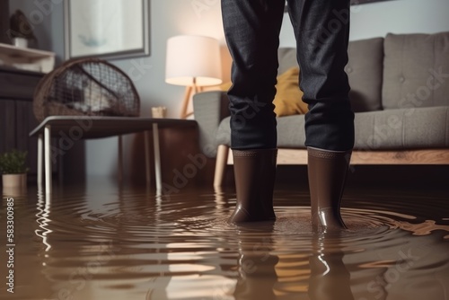Man mit Gummistiefel steht in einem überfluteten Haus - Generative AI photo