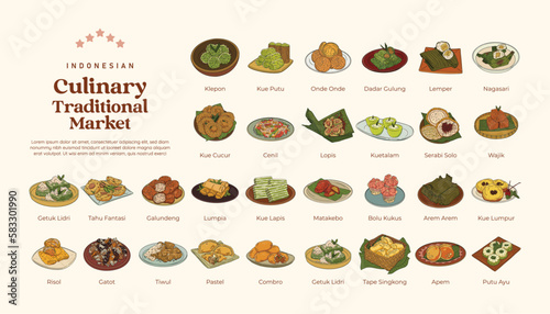 Isolated set of indonesian culinary traditional market snack food hand drawn illustration