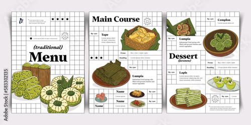 Restaurant Menu layout idea with Indonesian traditional culinary hand drawn illustration