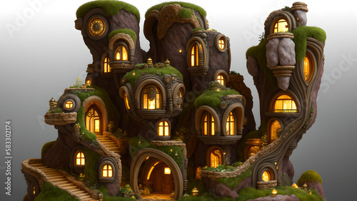 Illustration of a Art Nouveau underground village mixed with the terrain and vegetation - AI Generated