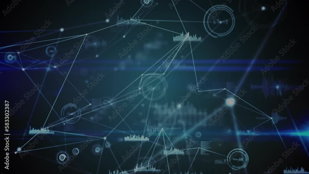 Animation of connected dots with lines over graph and soundwave icons against abstract background Animation of connected dots with lines over graph and soundwave icons against abstract background