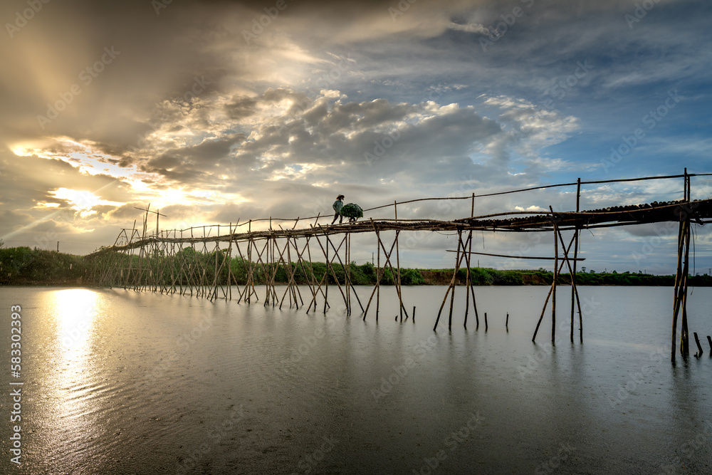 Farmers go to work on a bridge made of bamboo at Cam Dong village, Quang Nam province, Vietnam