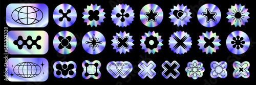 Holographic sticker set in a trendy retro y2k style with abstract shape. Textured foil effect. Nostalgia for the 80s, 90s, 2000s. Holographic textured stickers for preview tags, labels. Vector design
