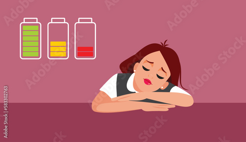 Exhausted Woman Sitting at her Desk with No Energy Vector Illustration. Somnolent worker taking a power nap after feeling tired and overworked 
