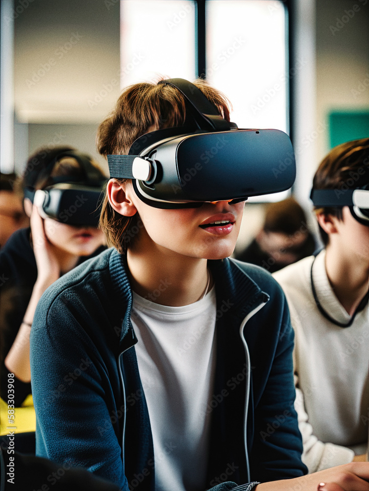 Students in class studying with the help of virtual reality headsets, dystopian education - generative ai Students in class studying with the help of virtual reality headsets, dystopian education - generative ai