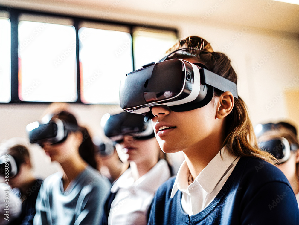 Students in class studying with the help of virtual reality headsets, dystopian education - generative ai Students in class studying with the help of virtual reality headsets, dystopian education - generative ai