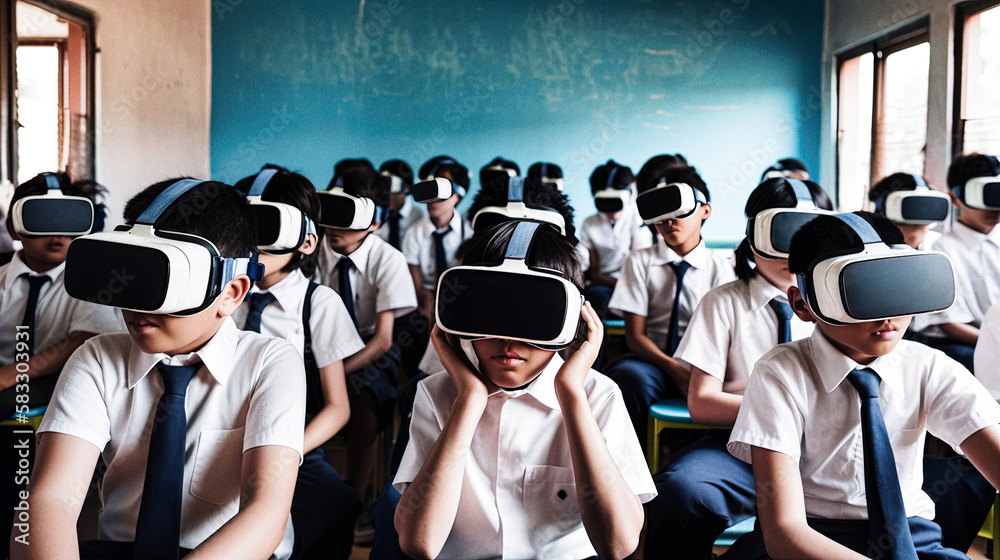Students in class studying with the help of virtual reality headsets, dystopian education - generative ai