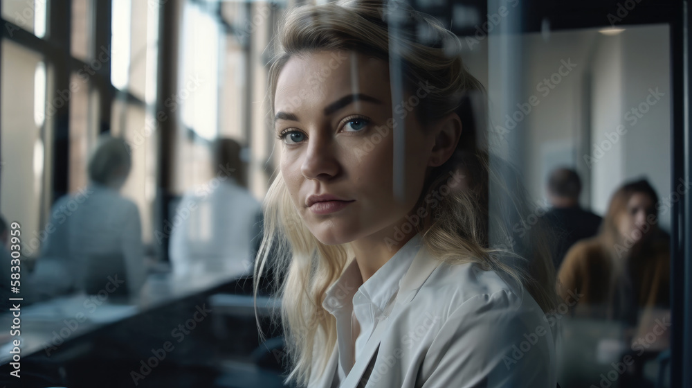 Beautiful young business woman looking through window at camera