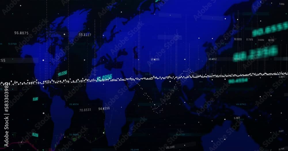 Animation of financial data processing over world map Animation of financial data processing over world map