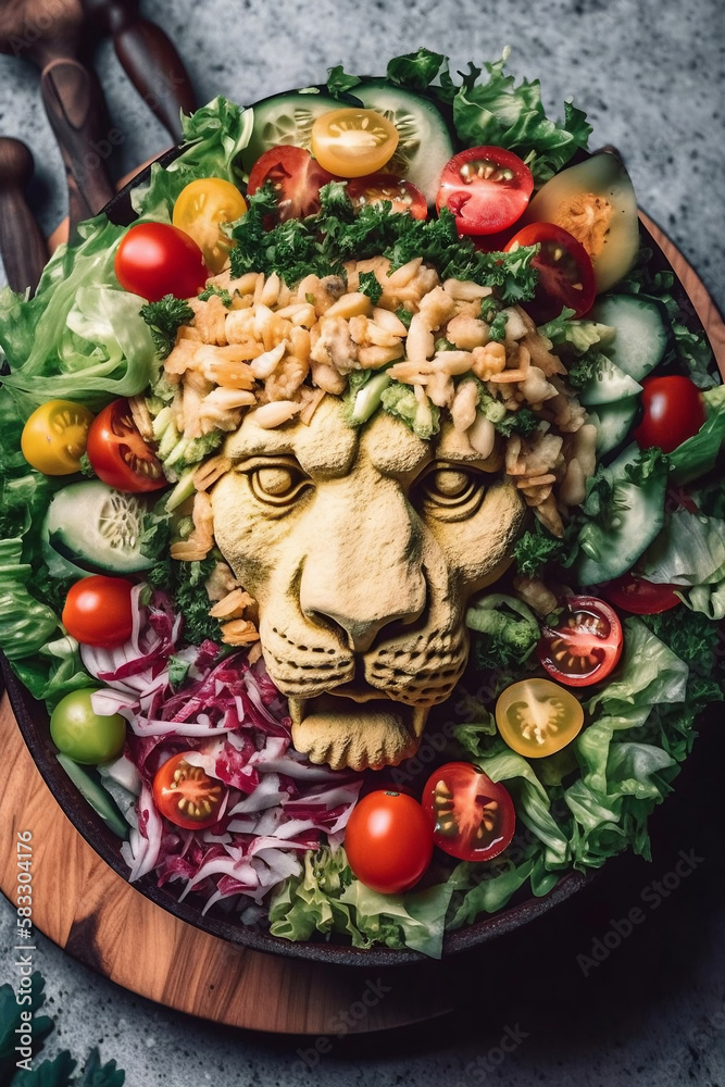 Lion shaped salad with vegetables, Created with generative AI
