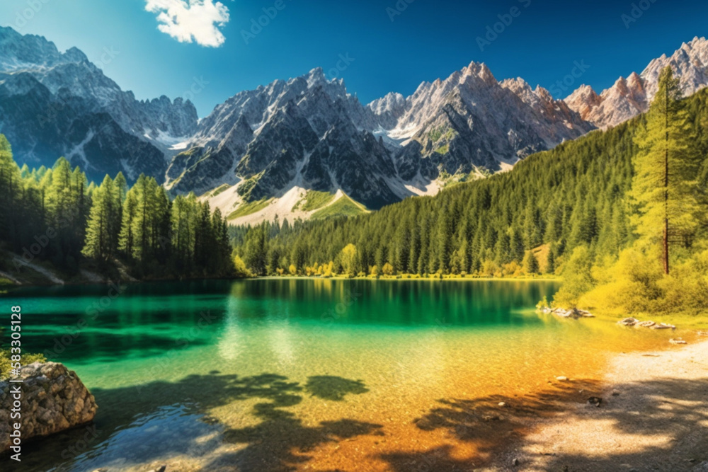 カラフルな夏のフュジーネ湖の風景。イタリア・ウディネ県、ヨーロッパ、マンガルト峰を背景にしたジュリアンアルプスの明るい朝の風景。旅のコンセプト背景