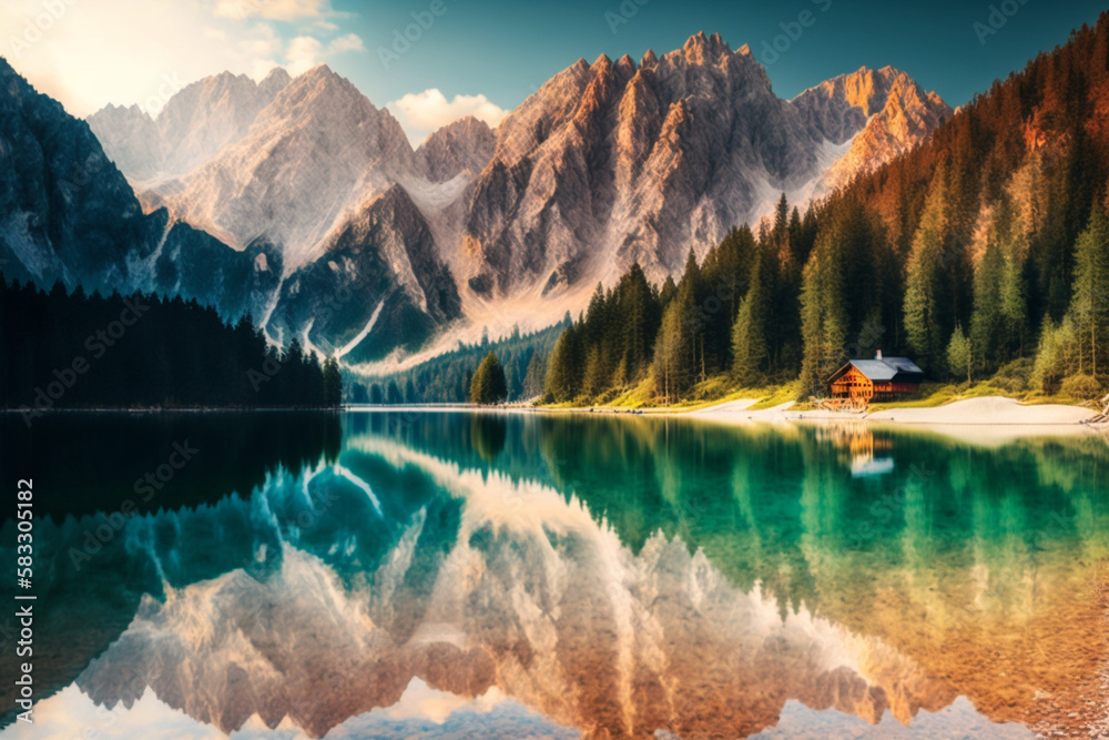 カラフルな夏のフュジーネ湖の風景。イタリア・ウディネ県、ヨーロッパ、マンガルト峰を背景にしたジュリアンアルプスの明るい朝の風景。旅のコンセプト背景
