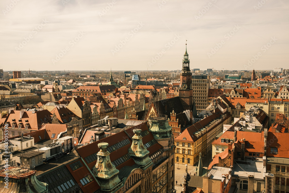Top panorama view over an old, medieval city. Old town. Wrocław, Poland