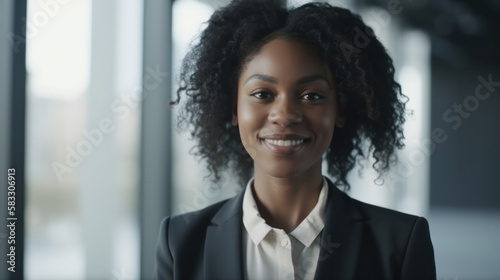 Hip young black businesswoman looking into camera
