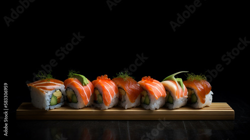 A row of sushi rolls with salmon on top. Generative AI