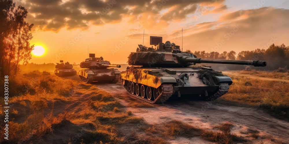 Tanks moving forward advancing in sunset. Generative AI
