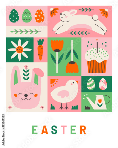 Modern Easter themed poster design. Colorful flat geometric vector illustration.
