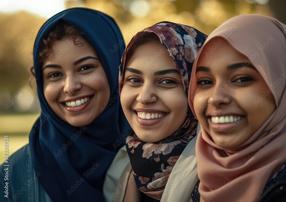 Smiling young middle eastern woment wearing a hijab looking at the camera. generative AI Smiling young middle eastern woment wearing a hijab looking at the camera. generative AI