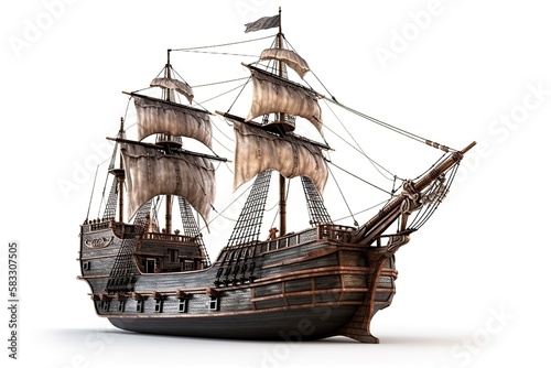 16th century black Pirate ship isolated on white background. A model of a pirate ship miniature replica of a classic pirate vessel, featuring intricate details and realistic design elements.