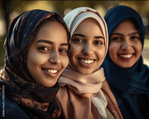 Smiling young middle eastern woment wearing a hijab looking at the camera. generative AI 