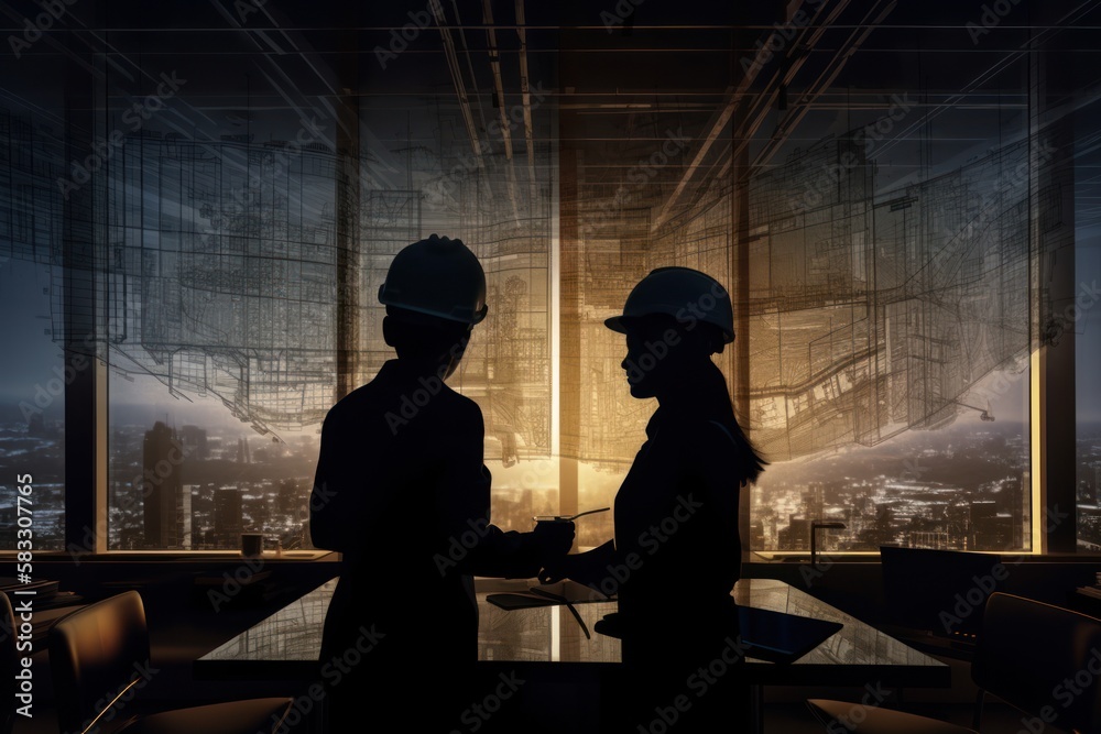 Silhouette of Success: Male and Female Architects Plan Their Next Big Project, GENERATIVE AI