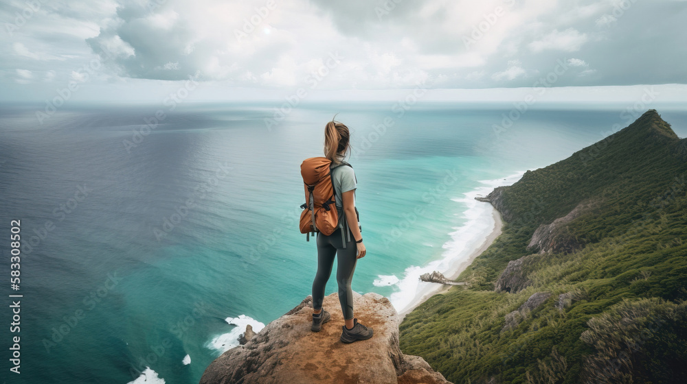 Obraz premium woman standing on the rocks. sketch art for artist creativity and inspiration. generative AI
