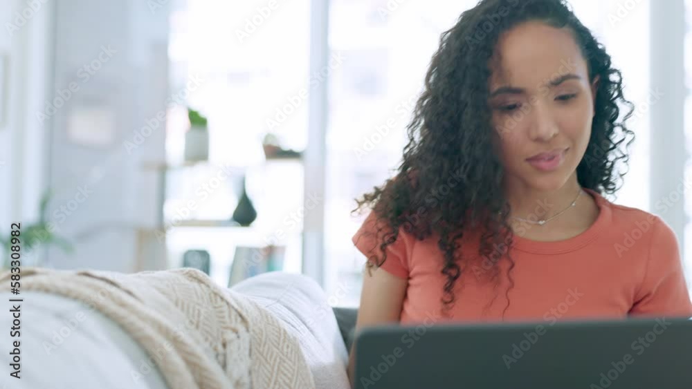 Thinking, woman on couch and laptop with inspiration, typing and connection in living room. Female, lady and entrepreneur with ideas, creativity and happiness in lounge, motivation and relax on sofa Thinking, woman on couch and laptop with inspiration, typing and connection in living room. Female, lady and entrepreneur with ideas, creativity and happiness in lounge, motivation and relax on sofa