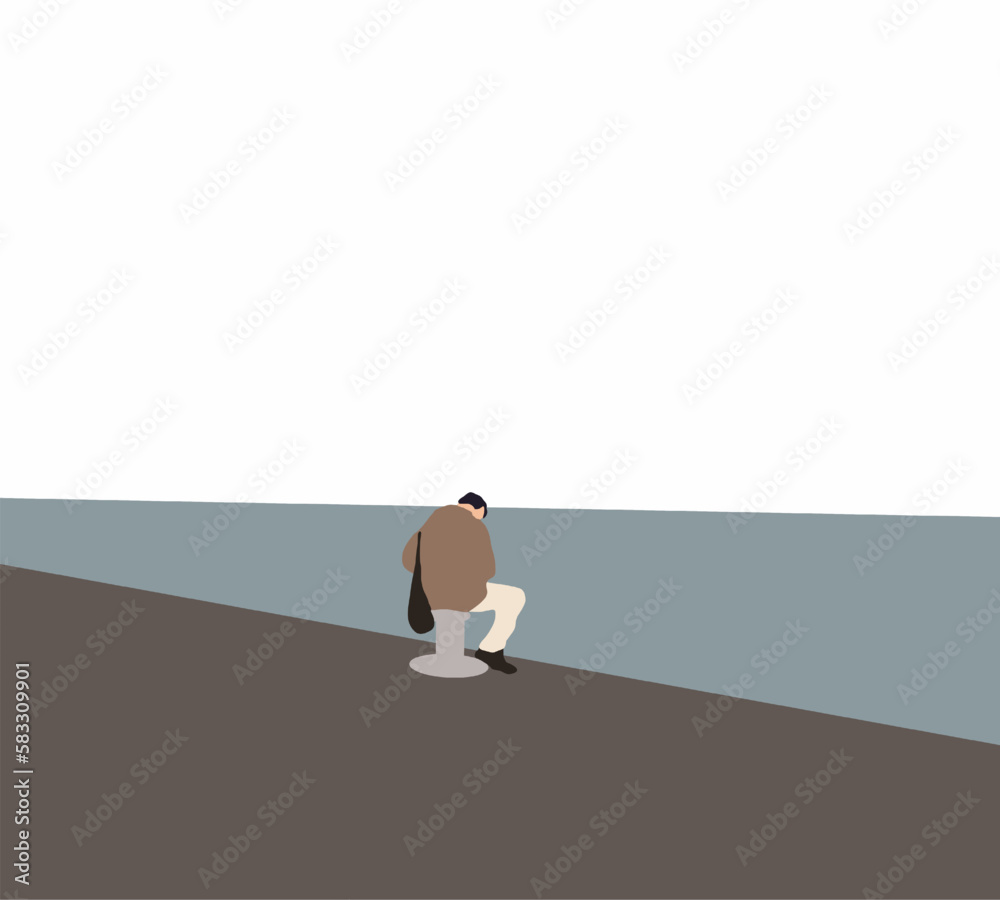 Man sitting alone on pier thinking and concentrate near river. Missing someone concept idea. Empty copy space or area Man sitting alone on pier thinking and concentrate near river. Missing someone concept idea. Empty copy space or area