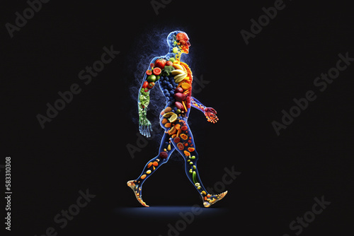 Human body in motion formed by healthy food on dark background. Generative AI.
