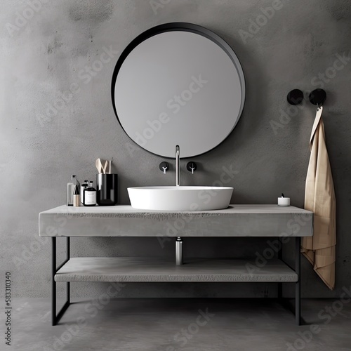 Minimal loft polished gray concrete cement bathroom vanity counter and wall oval sink faucet black round mirror, 