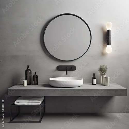 Minimal loft polished gray concrete cement bathroom vanity counter and wall oval sink faucet black round mirror, 
