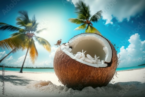 Coconut with flowers under palm trees at the beach. Background with selective focus and copy space. AI generated