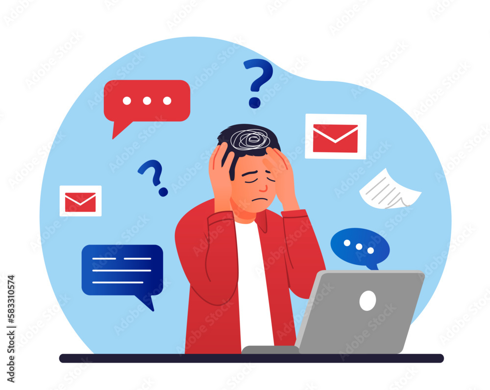 Information overload concept. Man sitting at laptop and holding his head with his hands. Migraine and headache, overworked employee. Emotional burnout and stress. Cartoon flat vector illustration
