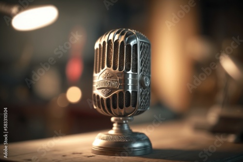 Vintage microphone. The concept of recording audio singing and blogging podcasts. AI generated, human enhanced
