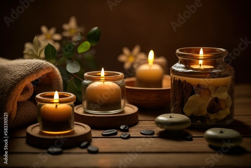 Spa setting with aromatic candles. Romantic atmosphere. Background with selective focus. AI generated